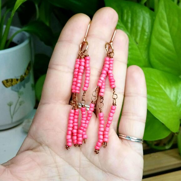 Neon Pink Beaded Dangle Earrings, Copper Jewelry, Boho Chic 3.5" - Picture 5 of 5